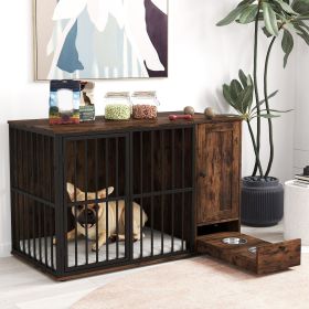 47.5 inch Dog Crate Furniture with Hidden Pull-out Bowls in Drawer for Small and Medium Dogs